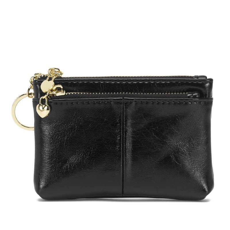 ZOOEASS Women PU Leather Zip Mini Coin Purse With Key Ring Triple Zipper Card Holder Wallet(Black) - Image 1